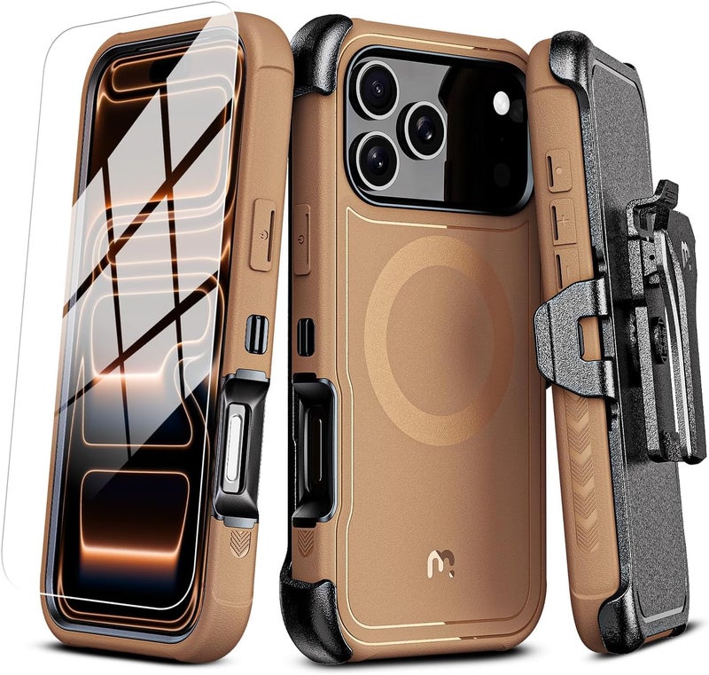 M MYBAT PRO for iPhone 17 Pro Case with Belt Clip Holster,[Compatible with Magsafe] w/Screen Protector,Anti-Drop,Shockproof,w 360°Rotating Kickstand,Heavy Duty Protection (Brown) - Image 1
